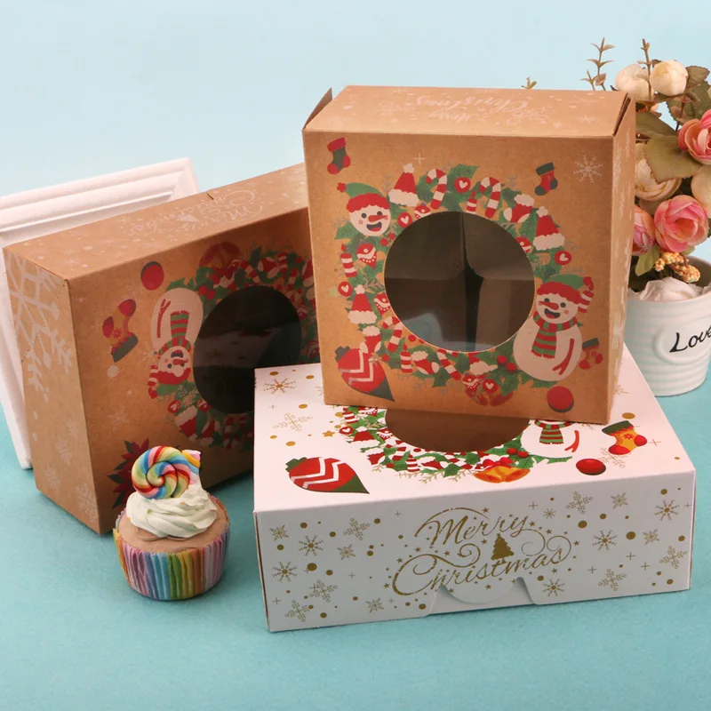 10шт Коробок для печенья Merry Christmas с окошком из Крафт-бумаги, коробка конфет, Подарочная коробка, Упаковочный пакет, Декор для домашней вечеринки в честь Нового Года 3