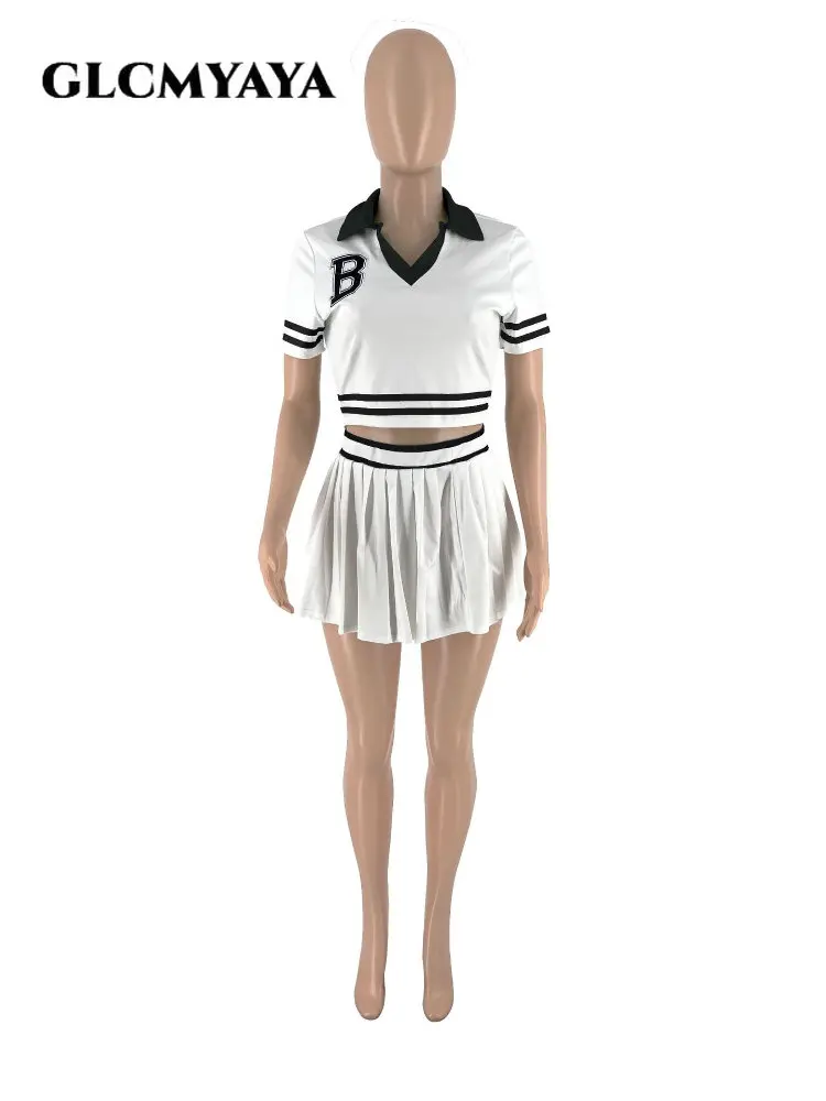 GLCMYAYA/ Модная Женская Футболка в полоску с отложным воротником и плиссированной юбкой, костюм для уличного бейсбола 2023, Комплект из двух предметов 4