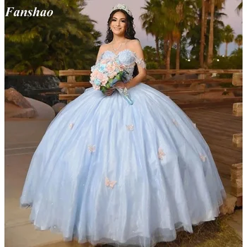 Fanshao pd010 Хрустальное Пышное Платье с 3D Бабочкой, Бальное Платье С Открытыми Плечами, Кружевные Аппликации Sweet 15 Vestidos De XV