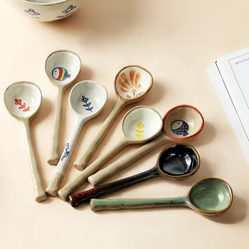 Японская керамическая суповая ложка, расписанная вручную, Чайная ложка с длинной ручкой для Рамен, суп с лапшой, Термостойкая кухонная посуда