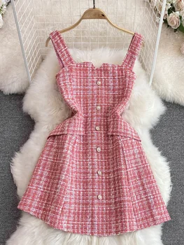 Осенне-зимние короткие твидовые платья нежно-розового /черного цвета, женские винтажные однобортные облегающие мини-платья без рукавов, Корейская мода