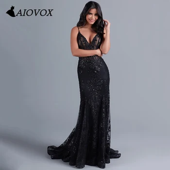 Коктейльное платье AIOVOX с V-образным вырезом, кружевные аппликации, платья для выпускного вечера с блестками, вечерние платья трапециевидной формы на бретельках длиной до пола, Vestidos De Noche