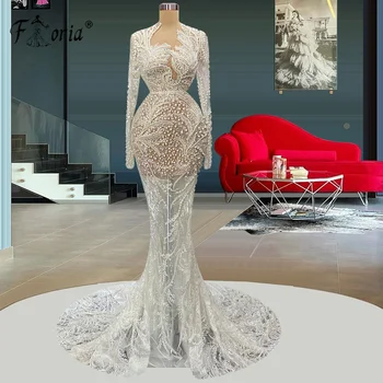 Элегантное вечернее платье Русалки из Дубая, расшитое жемчугом, Белое кружевное прозрачное платье для выпускного вечера с длинным рукавом, вечернее платье Robe De Soiree