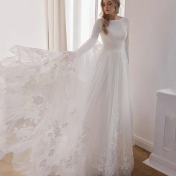 Классическое свадебное платье с круглым вырезом и длинным рукавом, фатиновая аппликация трапециевидной формы, сексуальная иллюзия спины со шлейфом, свадебные церковные платья