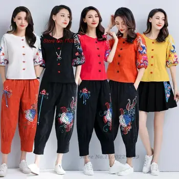 2023 женская винтажная блузка с китайской национальной цветочной вышивкой, этническая блузка, элегантный хлопковый льняной топ hanfu, восточный костюм tang