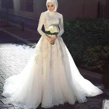 Vestido De Noiva 2024 Элегантные мусульманские свадебные платья с длинным рукавом и круглым вырезом, тюлевые кружевные исламские платья невесты на молнии сзади
