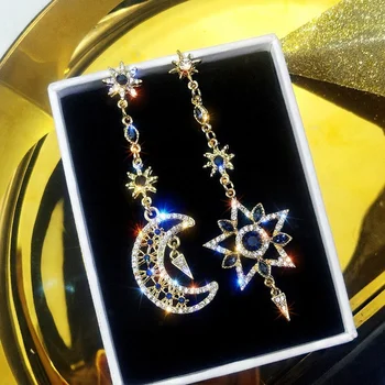 Элегантные серебряные серьги с асимметричной звездой и Луной, длинная цепочка золотого цвета, инкрустированная цирконом, сверкающие серьги с кисточками