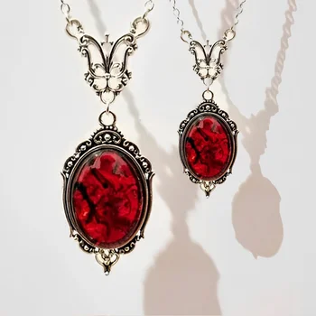 Винтажное ожерелье с подвеской из красного кварца, искусственные драгоценные камни, женские цепочки из сплава для леди, ювелирные изделия из ожерелья Ведьмы с тиснением в виде вампира