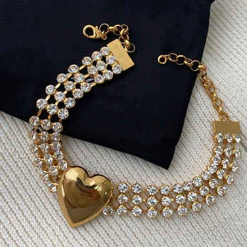 Модное преувеличенное Большое сердце с кристаллами и бриллиантами Золотое ожерелье Женщины Европа Америка Дизайнерские ювелирные изделия Модные