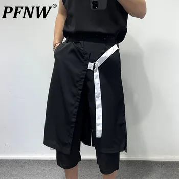 PFNW Летние мужские брюки со скошенным краем, имитирующие Две свободные части, Однотонные повседневные брюки с асимметричной кулиской длиной до колен 12Z1065