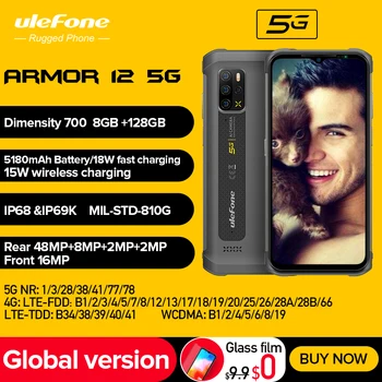 Ulefone Armor 12 5G Прочный Телефон Android 11 8 ГБ + 128 ГБ Мобильные Телефоны 6,52 “Водонепроницаемый Смартфон 5180 мАч Беспроводная Зарядка NFC