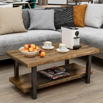 Журнальный столик в деревенском стиле из натурального дерева, квадратный / прямоугольный приставной столик с полкой для хранения для гостиной, простая сборка [US-W]