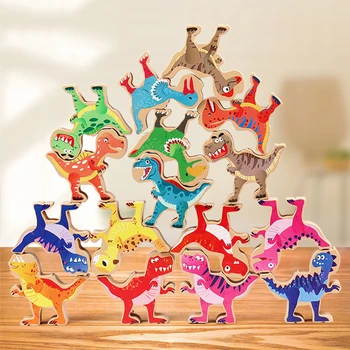 Деревянное животное Динозавр Баланс Укладка высоких строительных блоков Игрушки для маленьких детей Монтессори Ранние развивающие обучающие игрушки Подарки