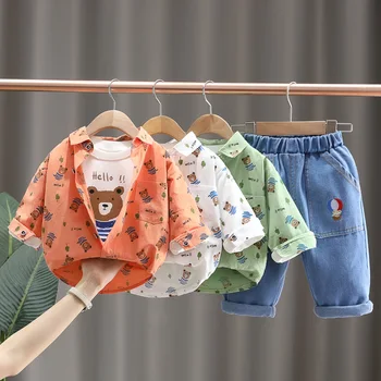 2023, Корейский весенний комплект одежды для мальчиков из 3 предметов, футболки с мультяшным медведем, Футболка с длинным рукавом, Джинсы, брюки, костюм для младенцев, одежда для мальчиков