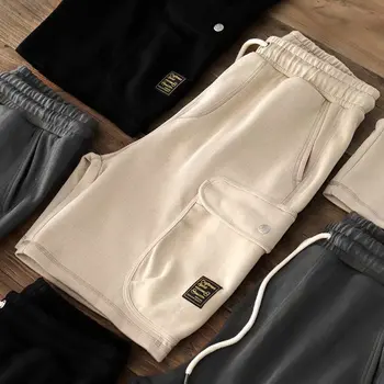 Трикотажные шорты-карго для мужчин из японского хлопка, короткие штаны с эластичной резинкой на талии, Летние дышащие спортивные шорты для бега трусцой, мужские спортивные шорты