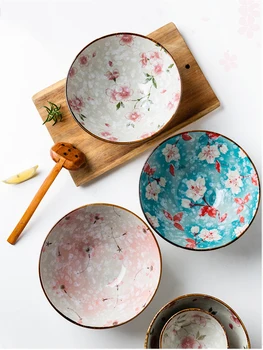 Японская керамическая миска для супа с лапшой, большая миска для рамена, домашняя фарфоровая посуда ручной росписи в цвет вишни, экологически чистая