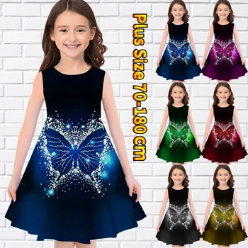 2022 Новая юбка с принтом бабочки для маленькой девочки, винтажное платье, Летнее Милое платье с круглым вырезом, свободный размер, юбка Миди без рукавов длиной до колен.