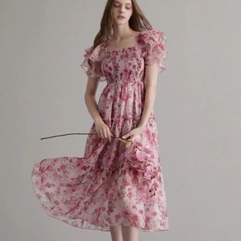 Новинка лета 2023, Плиссированное платье с квадратным вырезом и рукавами-оборками, Милые и нежные длинные платья с цветочным принтом для женщин