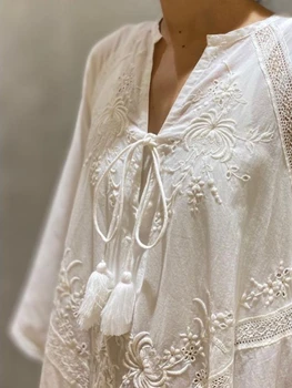 Белое длинное платье Оверсайз, женское платье на шнуровке с V-образным вырезом, женское повседневное Свободное платье с вышивкой, женское пляжное платье из хлопка и льна
