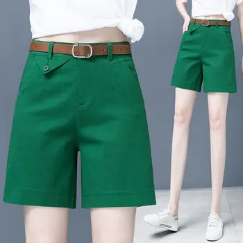 Зеленые тонкие шорты Женские на лето 2023, Новые женские короткие брюки-бермуды трапециевидной формы с высокой талией и широкими штанинами