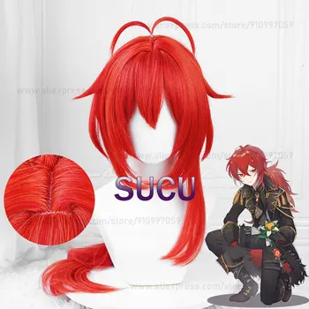 Игра Genshin Impact Diluc Косплей Парик Длиной 60 см Красный Хэллоуин COS парики Аниме Термостойкие Синтетические Волосы