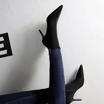 Женские модные черные женские ботинки Замшевые ботильоны на высоком каблуке с острым носком и молнией, Сексуальные ботильоны на каблуке 8 см DS
