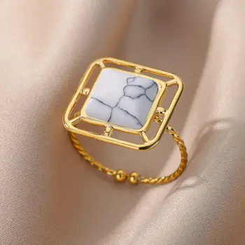Модные квадратные кольца с опалом Для женщин из нержавеющей стали золотого цвета, открытое нерегулярное регулируемое кольцо, тренд 2023, эстетические украшения, Лучшая бижутерия