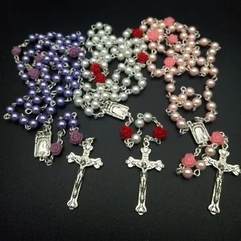 Красочный 6 мм кулон в виде розы, ожерелье с четками, Католические Религиозные украшения, ожерелье с жемчужной подвеской, Имитация