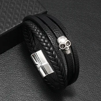 Модный Панк-черный Кожаный браслет для мужчин с магнитной пряжкой, тканый многослойный мужской браслет, ювелирные изделия, браслеты mujer