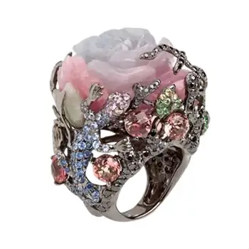 Роскошное черное вольфрамовое кольцо с пионом, розой, деревом, виноградной лозой, свадебными украшениями, украшенное радужным кольцом из смолы, кристаллов и бисера