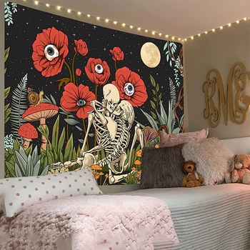 Череп, цветочный Гобелен, Лунный сад, Любящий Целоваться, Скелет, Цветок, Гриб, Винтажное растение, висящее на стене для спальни, гостиной