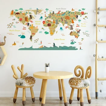 Наклейки на стену с мультяшными животными, картой мира, Сделай Сам, Обои для детской Комнаты, Спальня, Декор стен в детской, Наклейки на стены, Домашний декор