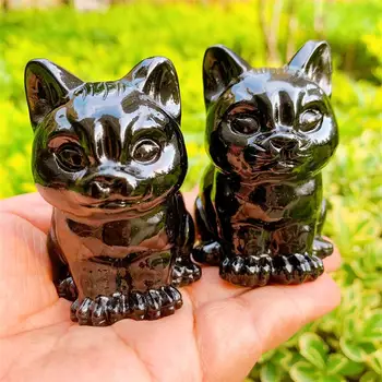 Натуральный черный обсидиан 7 см, мультяшный кот, хрустальное животное, красивые поделки из драгоценных камней для коллекции украшений дома Фэншуй, 1шт