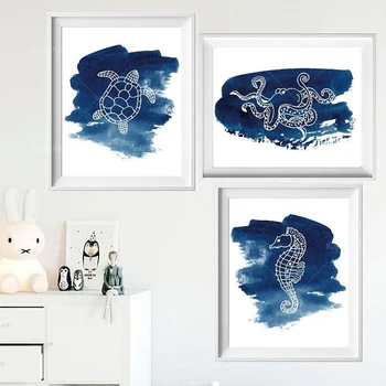 Настенный набор для детской галереи в морском стиле-Художественные принты осьминога, морской черепахи, морские коньки, темно-синие акварельные принты, декор морских существ