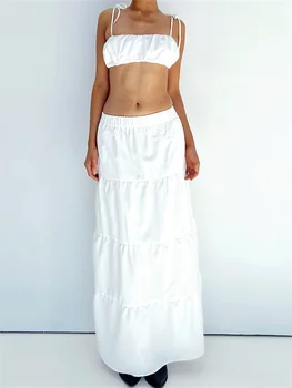 Женские комплекты Y2K Aesthetic из 2 предметов, корсет на бретельках, укороченный топ + Длинные юбки с рюшами, Летняя богемная пляжная Сексуальная уличная одежда
