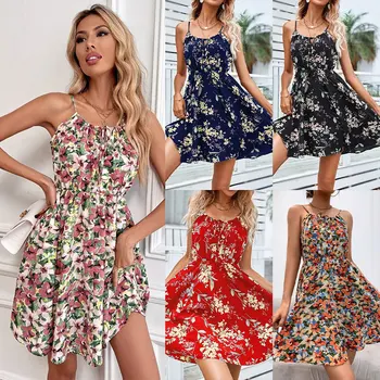 2023 летние европейские и американские женские новые модные платья-комбинации с цветочным рисунком без рукавов, короткая юбка с эластичной талией для женщин