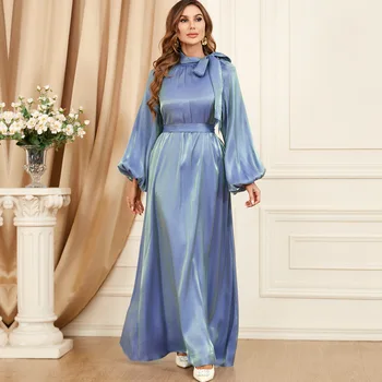 Элегантные мусульманские платья Арабская одежда Однотонные Длинные рукава с бантом на шее Модные Ближневосточные Макси-платья Abaya Robe Вечерние платья-кафтаны
