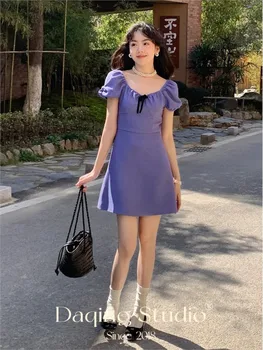 Женское Французское романтическое фиолетовое мини-платье с квадратным воротником, женское Тонкое Винтажное вечернее платье с пышными рукавами, Модное платье для выпускного вечера с бантом