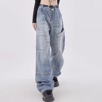 Женские синие джинсы с высокой талией, широкие брюки для улицы в американском стиле, модные Винтажные женские брюки в стиле хип-хоп 2023 года, новые прямые летние кроссовки