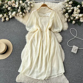 Французское винтажное платье с квадратным вырезом, летнее платье с рукавами-пузырями, открытой спиной и талией
