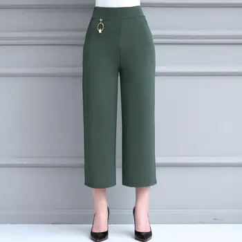 2022 Весна-лето, женские брюки среднего возраста длиной до икр, с высокой талией, Свободные повседневные широкие брюки 5XL, Тонкие брюки J16