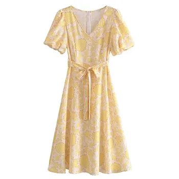Женское модное платье Миди с цветочным принтом, шикарное пышное платье с коротким рукавом V-образным вырезом и поясом, женское повседневное элегантное платье трапециевидной формы
