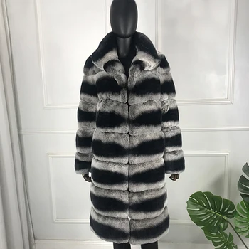 Пальто Куртка из натурального кроличьего меха Женская зимняя Новая Модная Роскошная Длинная теплая верхняя одежда с отворотом