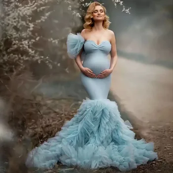 Элегантное светло-голубое платье русалки для беременных для фотосессии, платья для фотосъемки беременных женщин, платья для душа ребенка из тюля с оборками