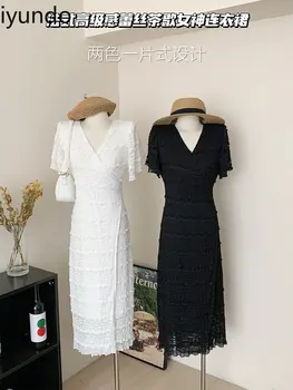Летнее платье Iyundo с V-образным вырезом, элегантное белое кружевное платье для женщин, цельное черное платье, французское праздничное платье трапециевидной формы 2023 г.