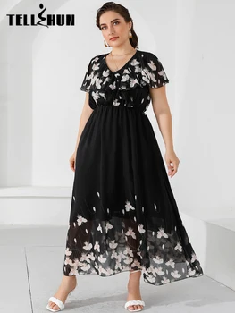 Шифоновое плиссированное сетчатое платье макси с V-образным вырезом, женское летнее платье с принтом, элегантное вечернее платье с оборками на подоле, Vestido, повседневная уличная одежда большого размера