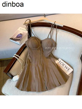 Коричневые модные винтажные плиссированные короткие платья без рукавов в стиле ретро 2023, летнее женское сексуальное платье на подтяжках, новинка в одежде