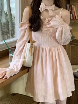 Женское мини-платье Kawaii с рюшами и воланами, женское Корейское модное Приталенное милое платье 2022, Летнее Шифоновое платье с розовым бантом и милым ремешком