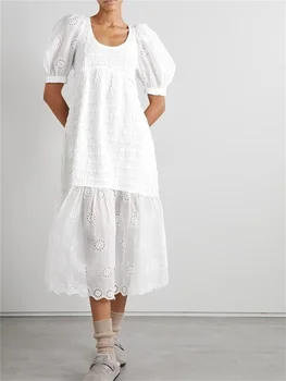 Женское белое платье миди с плиссированной строчкой и вышивкой, выдалбливают пышные рукава 2023, Женский элегантный халат Весна-лето