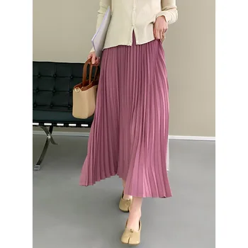 Женские летние плиссированные длинные юбки с высокой талией, элегантная юбка персикового цвета, женская юбка-трапеция Faldas Jupe Saia